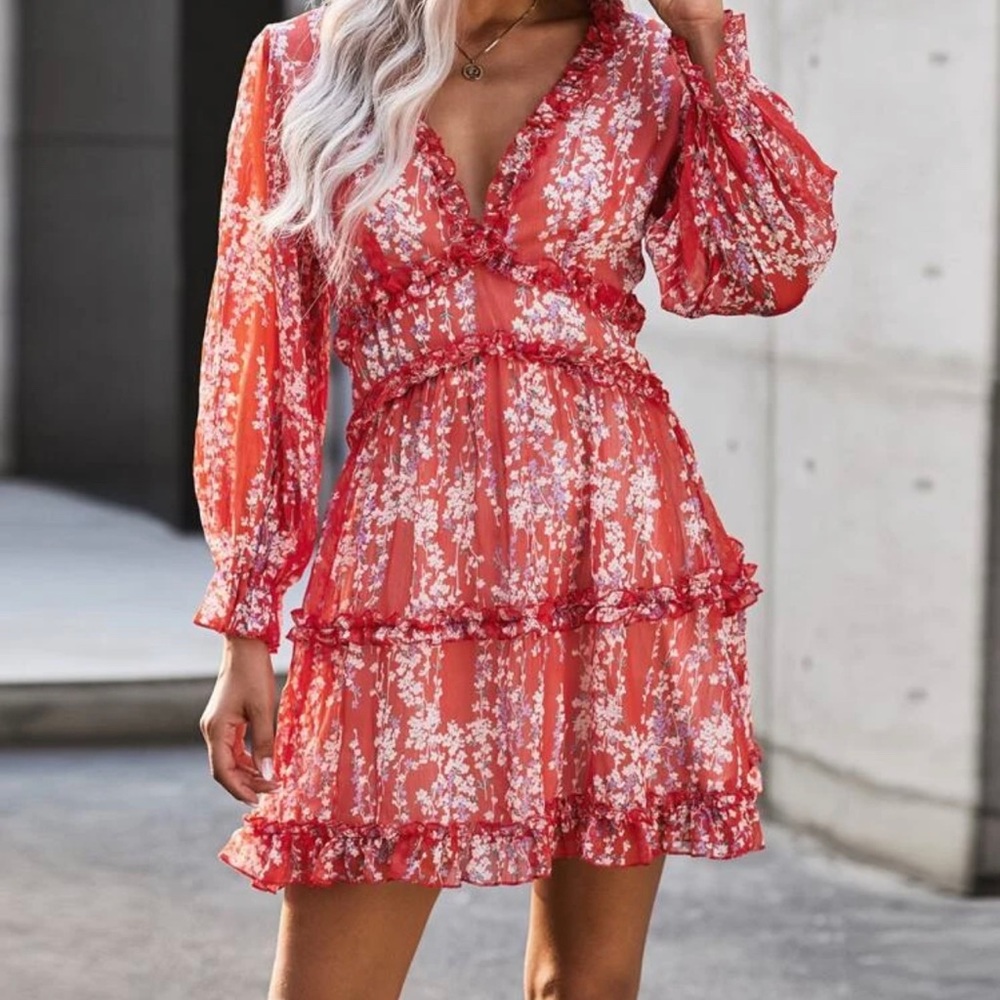 Red Floral Ruffle Dress